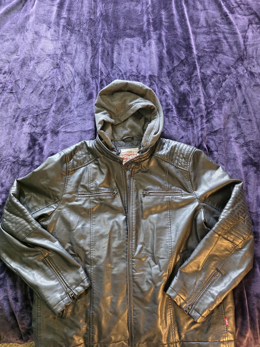 Levi’s XXL Black Faux Leather Hooded Moto Racer Jacket Quilted